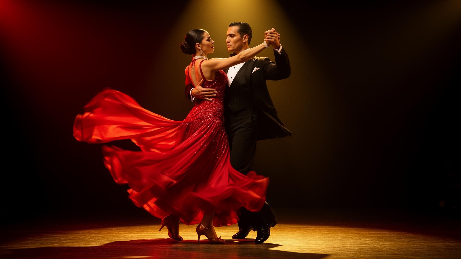 Professional salsa dancers performing a passionate Latin dance move in San Francisco